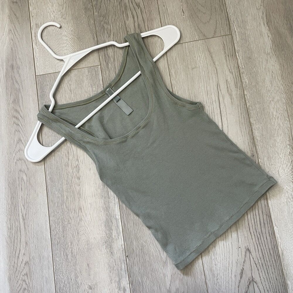 Skims Square-Neck Tank Top cotton crop ribbed womens Green medium basic capsule
